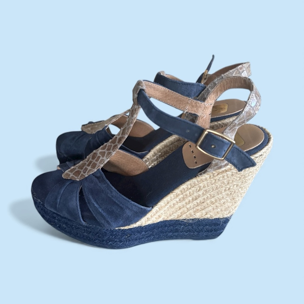 Kanna Espadrille Wedge Navy Suede, Tan w Snakeskin T Strap